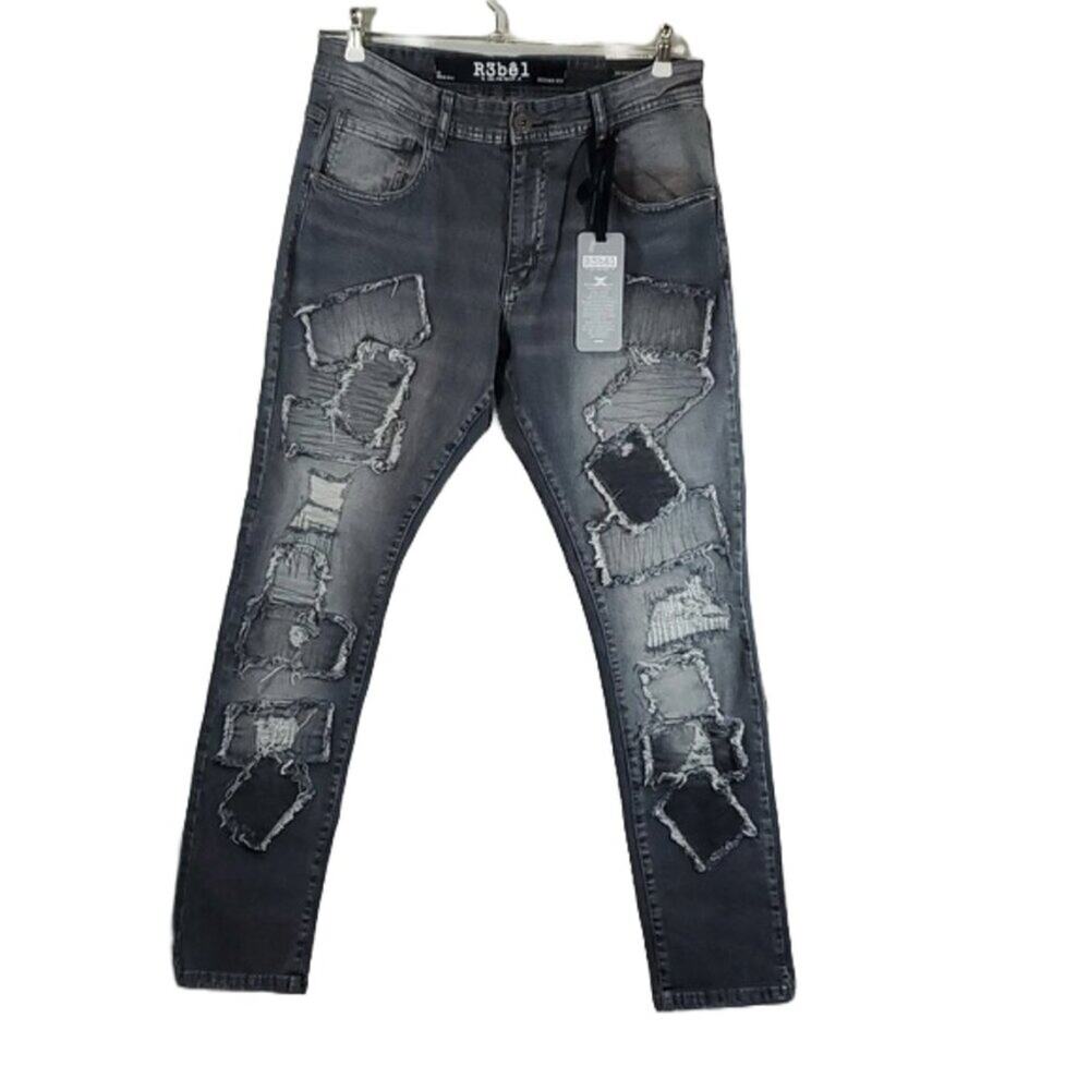 R3bel Skinny Fit Premium Label Black Distressed Patch Jeans SZ 34